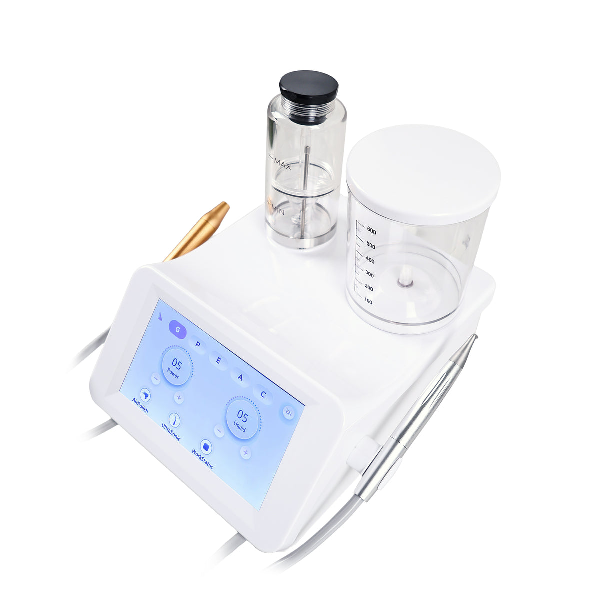 Powder tank and water bottle component detail of 2‑in‑1 scaler polisher