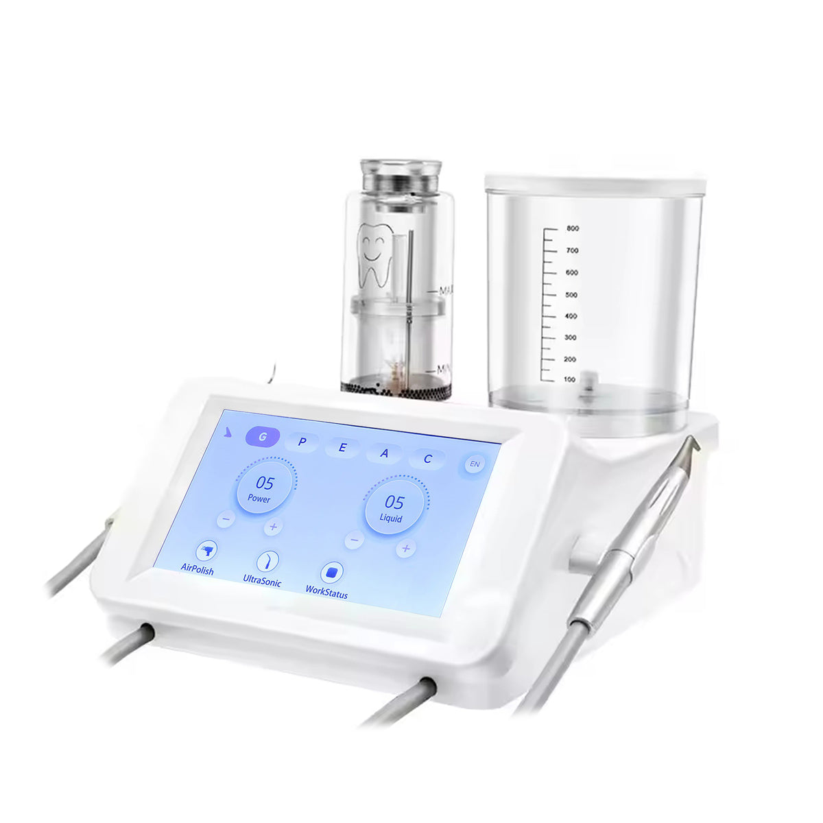 Touch screen control panel close‑up of smart 2‑in‑1 piezo scaler air polisher unit