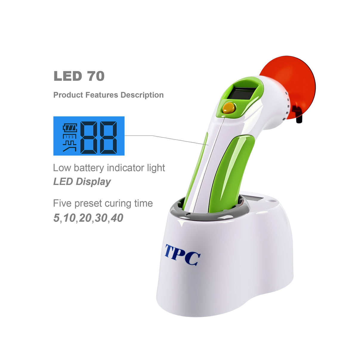 TPC curing light handpiece ergonomic grip close‑up