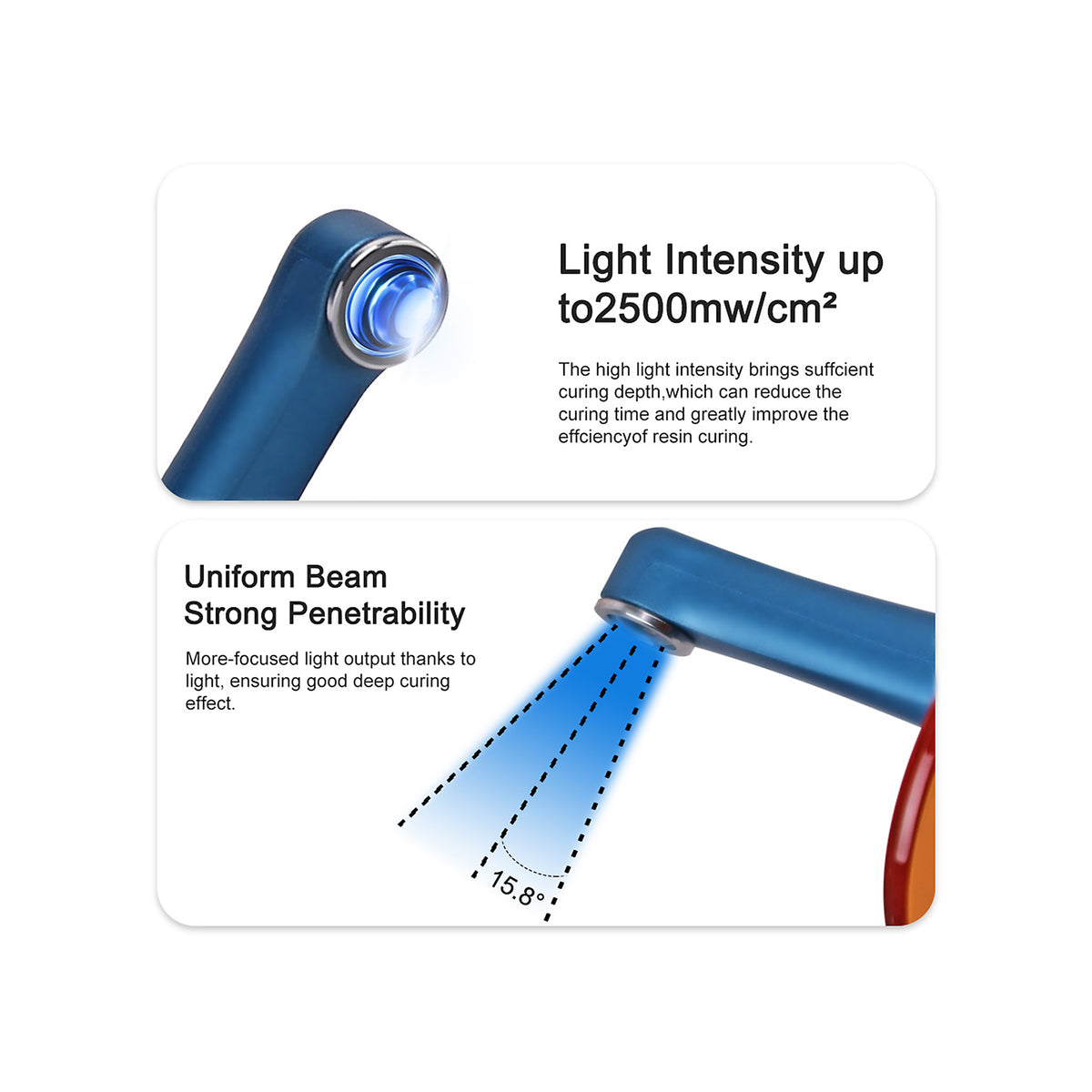 Blue light working demonstration of 1‑second wireless dental LED curing light
