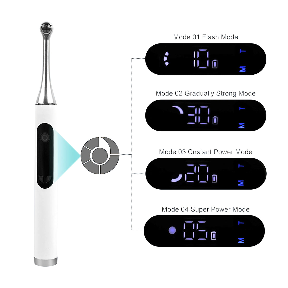 LCD screen close‑up showing curing time, mode and battery status of wireless 1s curing light