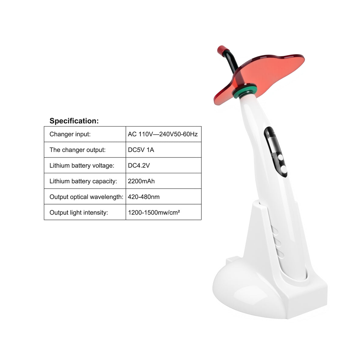 Technical specification infographic for LED curing light