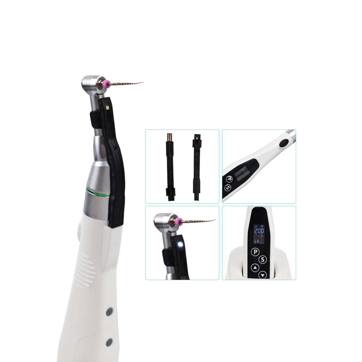 Dentist operating wireless endo motor in root‑canal clinical scene